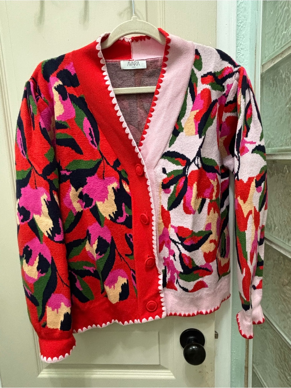 Avara Colorblock Floral Knit Cardigan - Red & Pink with Navy/Green hues Size SM